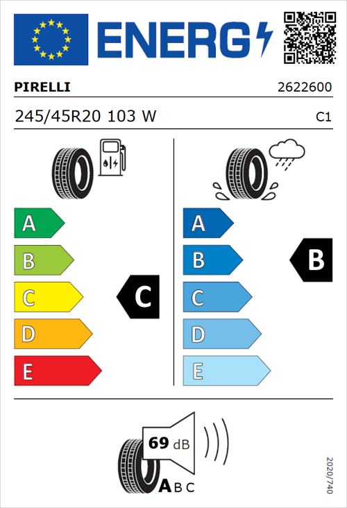 Tyre Label for Pirelli Scorpion Verde All Season 245/45R20 103W