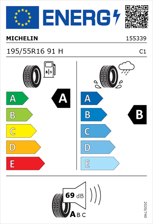 Tyre Label for Michelin e.primacy 195/55R16 91H