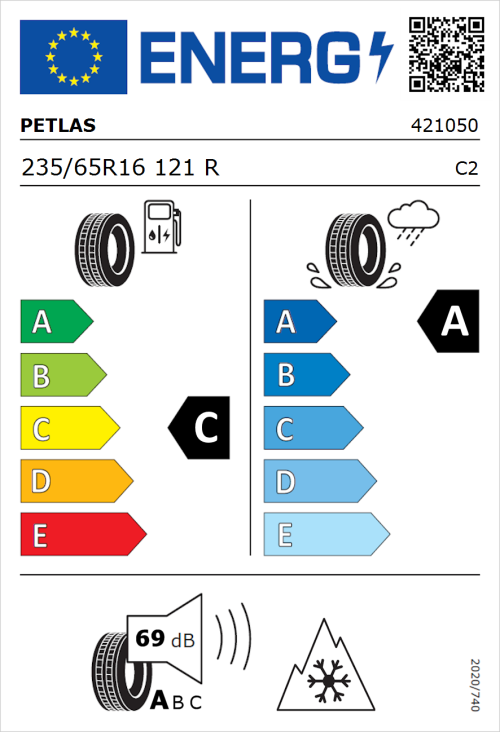 Tyre Label for Petlas Van Master A/S 235/65R16 121R