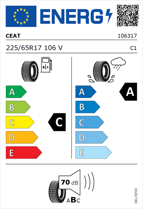 Tyre Label for CEAT SportDrive SUV 225/65R17 106V