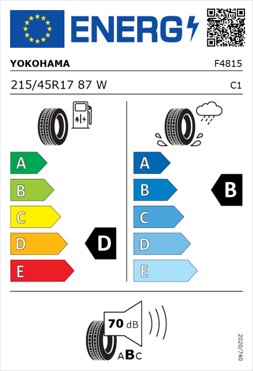 Tyre Label for Yokohama decibel E70J 215/45R17 87W