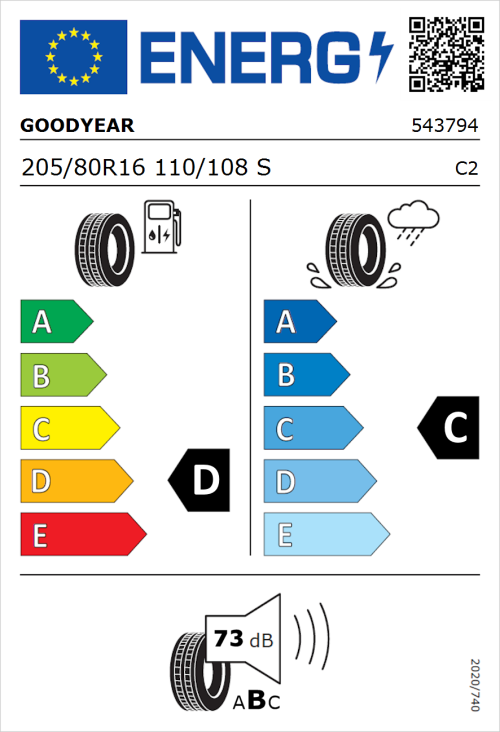 Tyre Label for Goodyear Wrangler AT/SA 205/80R16 110/108S